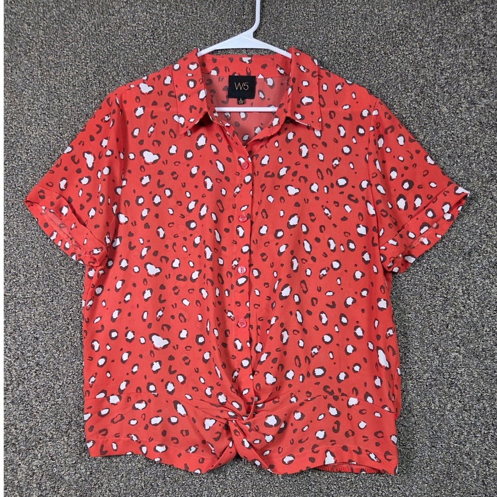 W5 Short Sleeve Button Down Women Large Red Animal Print Tie Front Top 12215CCP